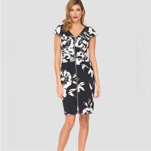 Joseph Ribkoff NWT Navy White Floral Large Collar Front Zip Bodycon Dress 8